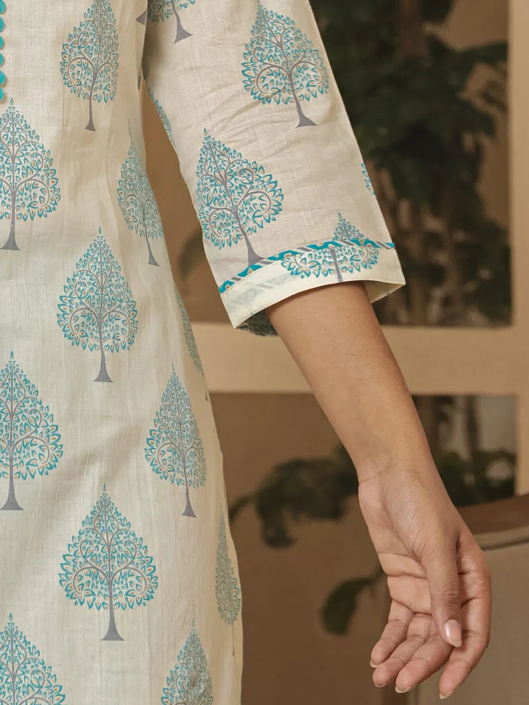 Yufta Cotton Turquoise Blue And White Kurta Dupatta Set | Grocsy