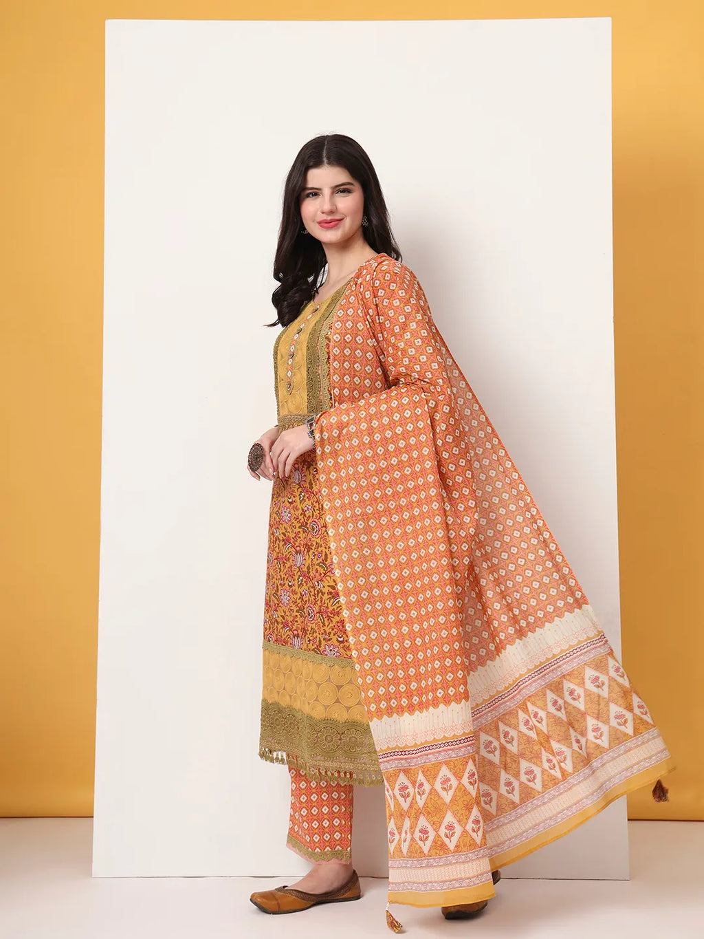 Yufta Cotton Yellow Kurta Dupatta Set With Lace Detailing | Grocsy