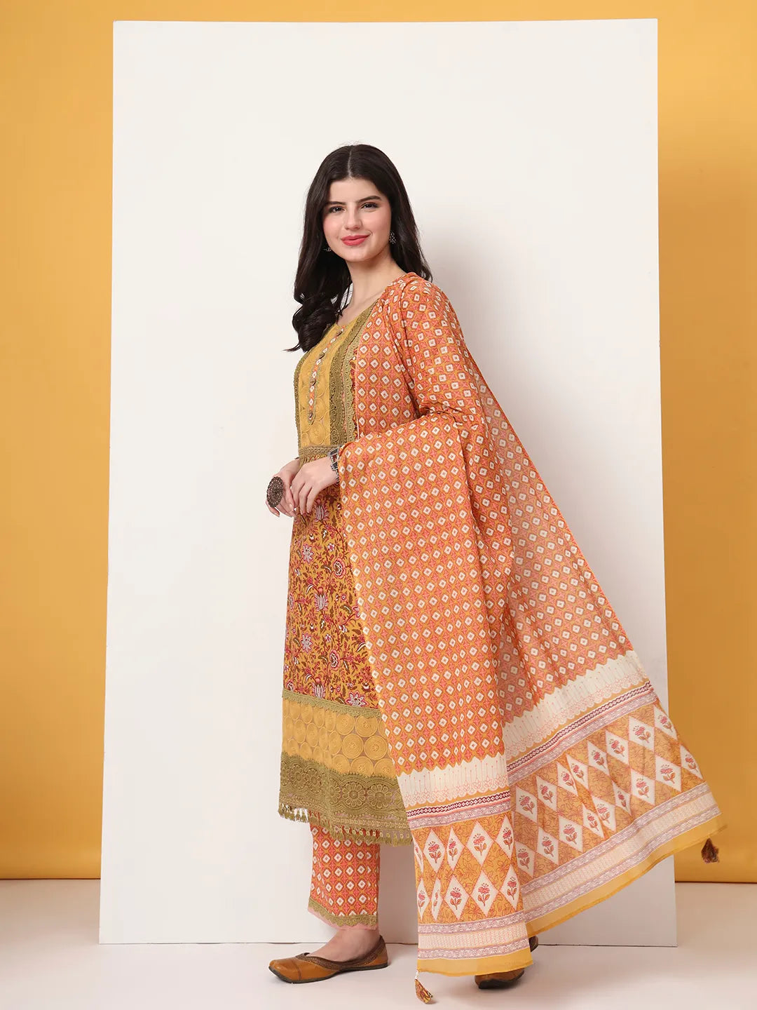 Yufta Cotton Yellow Kurta Dupatta Set With Lace Detailing | Grocsy