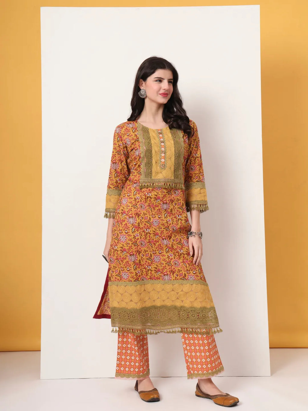 Yufta Cotton Yellow Kurta Dupatta Set With Lace Detailing | Grocsy