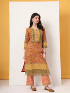 Yufta Cotton Yellow Kurta Dupatta Set With Lace Detailing | Grocsy