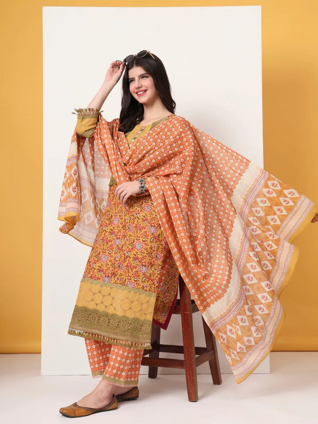 Yufta Cotton Yellow Kurta Dupatta Set With Lace Detailing | Grocsy