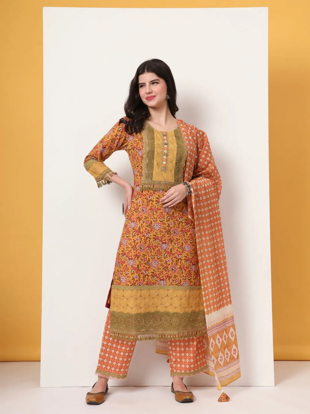 Yufta Cotton Yellow Kurta Dupatta Set With Lace Detailing | Grocsy