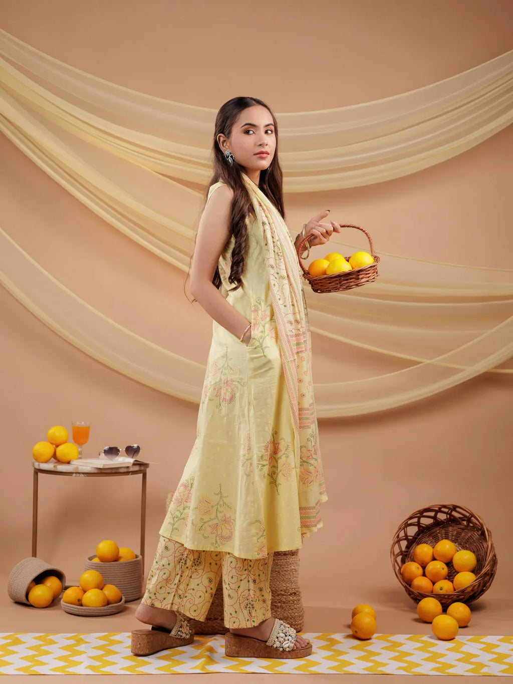 Yufta Cotton Yellow Sleeveless Kurta Dupatta Set | Grocsy