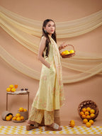 Yufta Cotton Yellow Sleeveless Kurta Dupatta Set | Grocsy