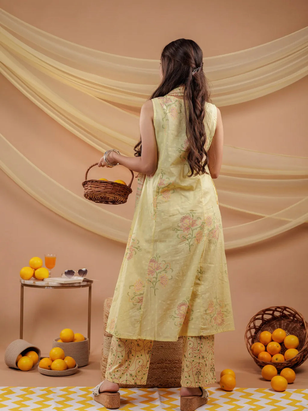 Yufta Cotton Yellow Sleeveless Kurta Dupatta Set | Grocsy