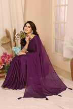 Aafreen Partywear Designer Purple Satin Chiffon Fancy Saree | Grocsy