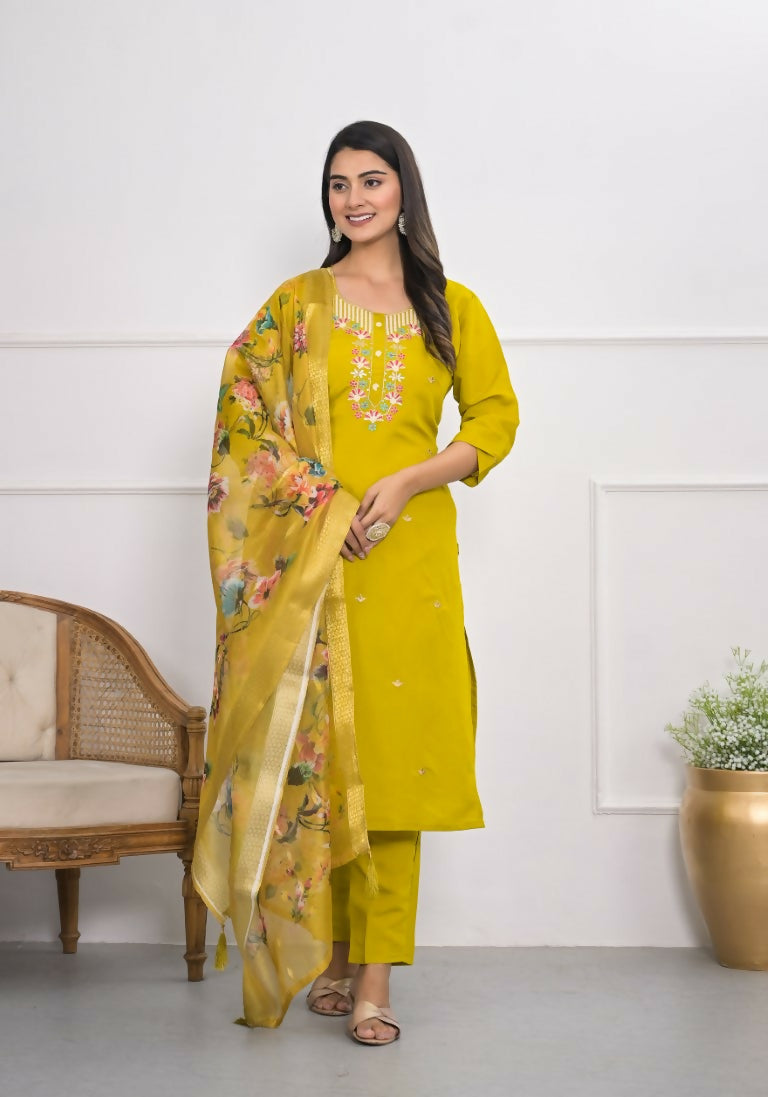 Yellow Viscose Silk Embroidery with Thread and sequence Stitched Suit With Dupatta - Tanisha | Grocsy