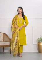 Yellow Viscose Silk Embroidery with Thread and sequence Stitched Suit With Dupatta - Tanisha | Grocsy