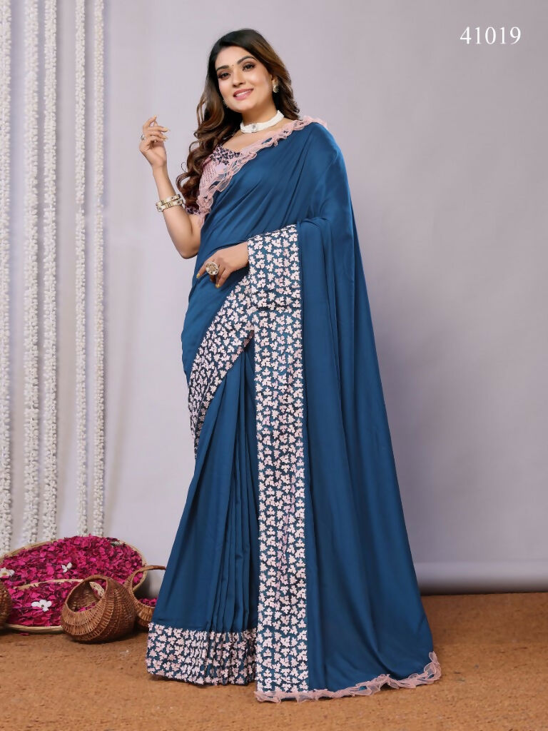 Teal Blue Silk Georgette Laser Cut Embroidery Wired Frills Saree - Norita Saumya | Grocsy