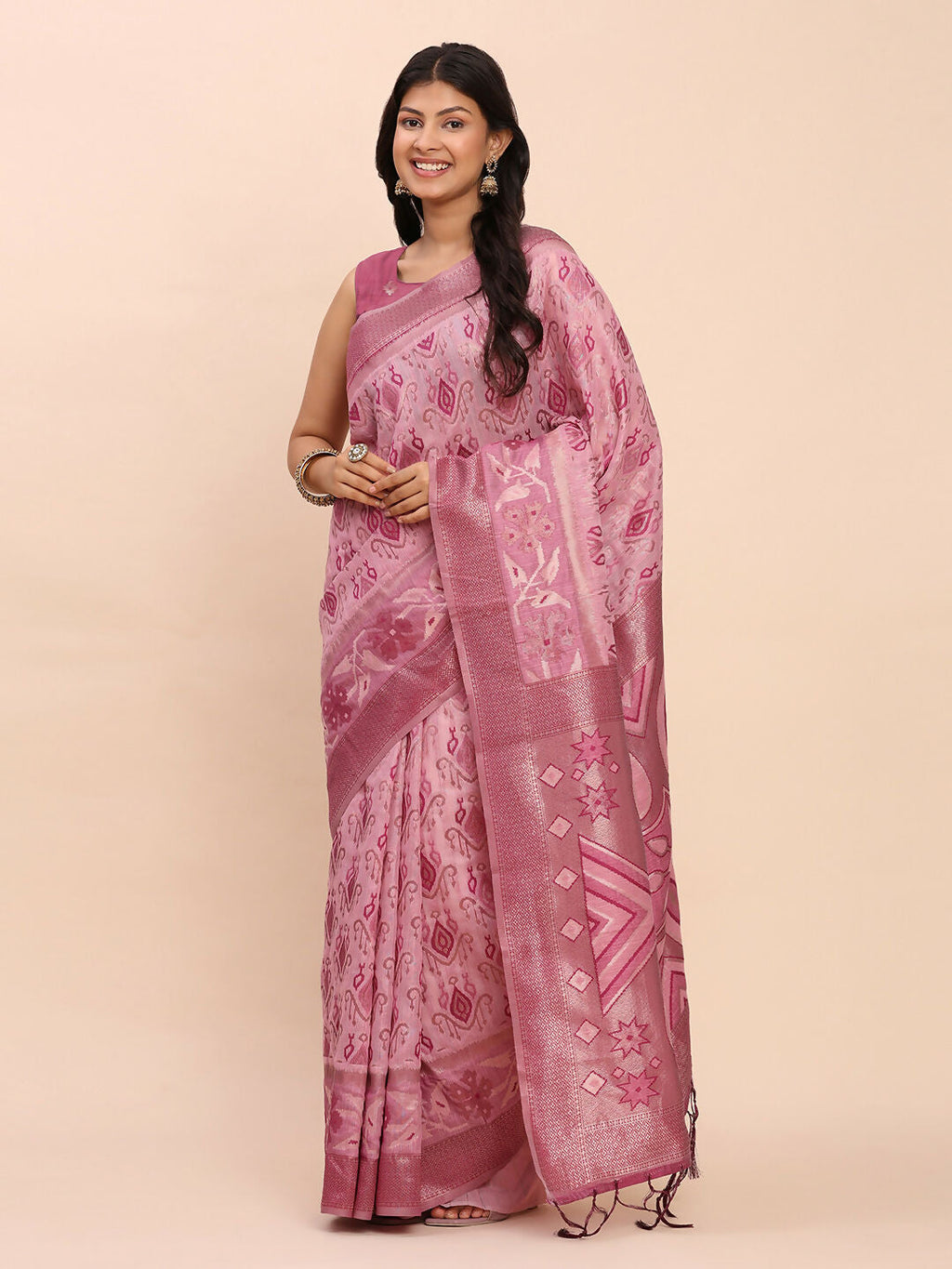Shree Shyam Fashion Linen Cotton Light Pink Saree | Grocsy