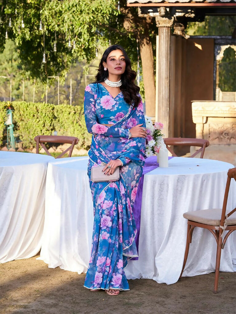 Vastranavya Blue Weightless Marble Printed & Pearl Lace Border Saree with Unstitched Blouse | Grocsy