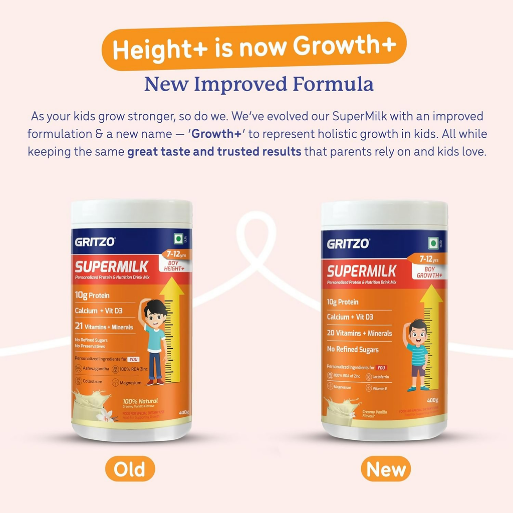 Gritzo SuperMilk Growth+ (Formerly Height+) (7-12y Boys), 10g Protein Powder-Creamy Vanilla | Grocsy