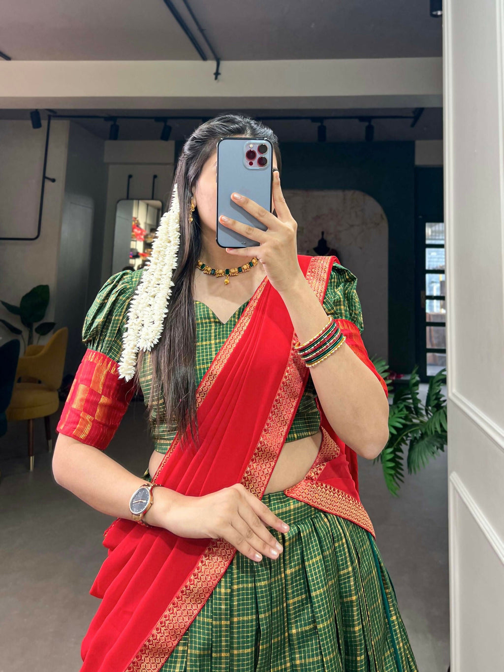 Vastranavya South Indian Style Lehenga Choli - Green | Grocsy