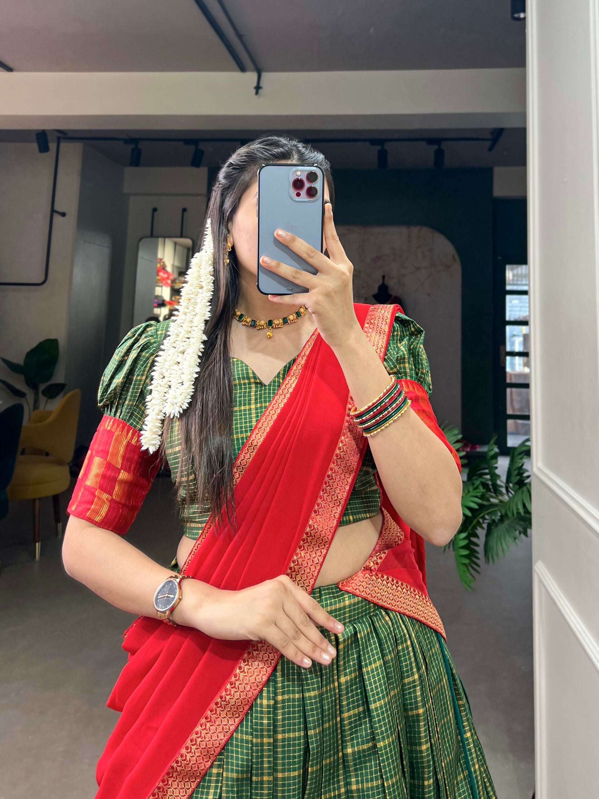 Vastranavya South Indian Style Lehenga Choli - Green | Grocsy