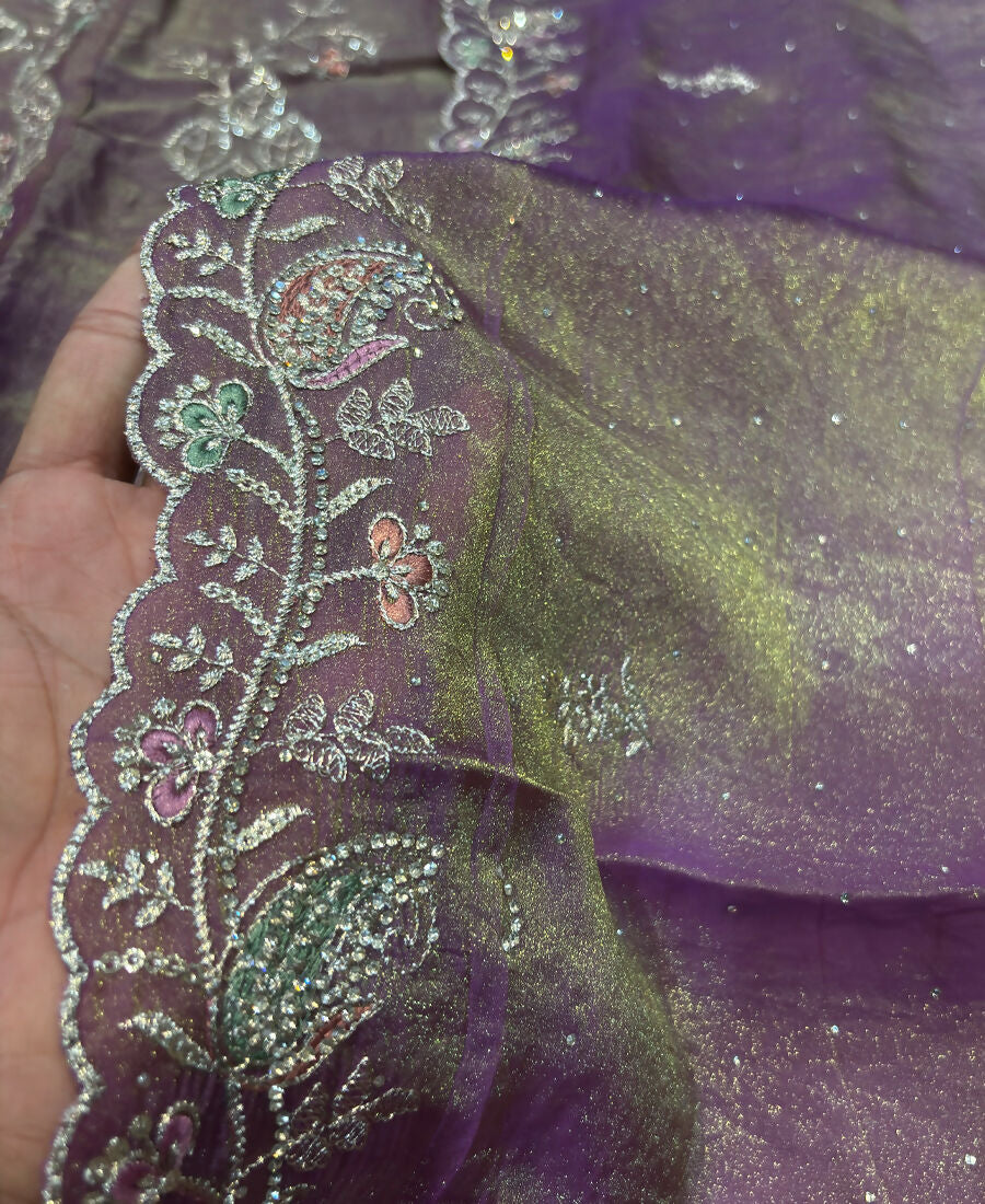 KC Heavy Embroidery Worked Two Ton Moss Silk Purple Suit For Women | Grocsy