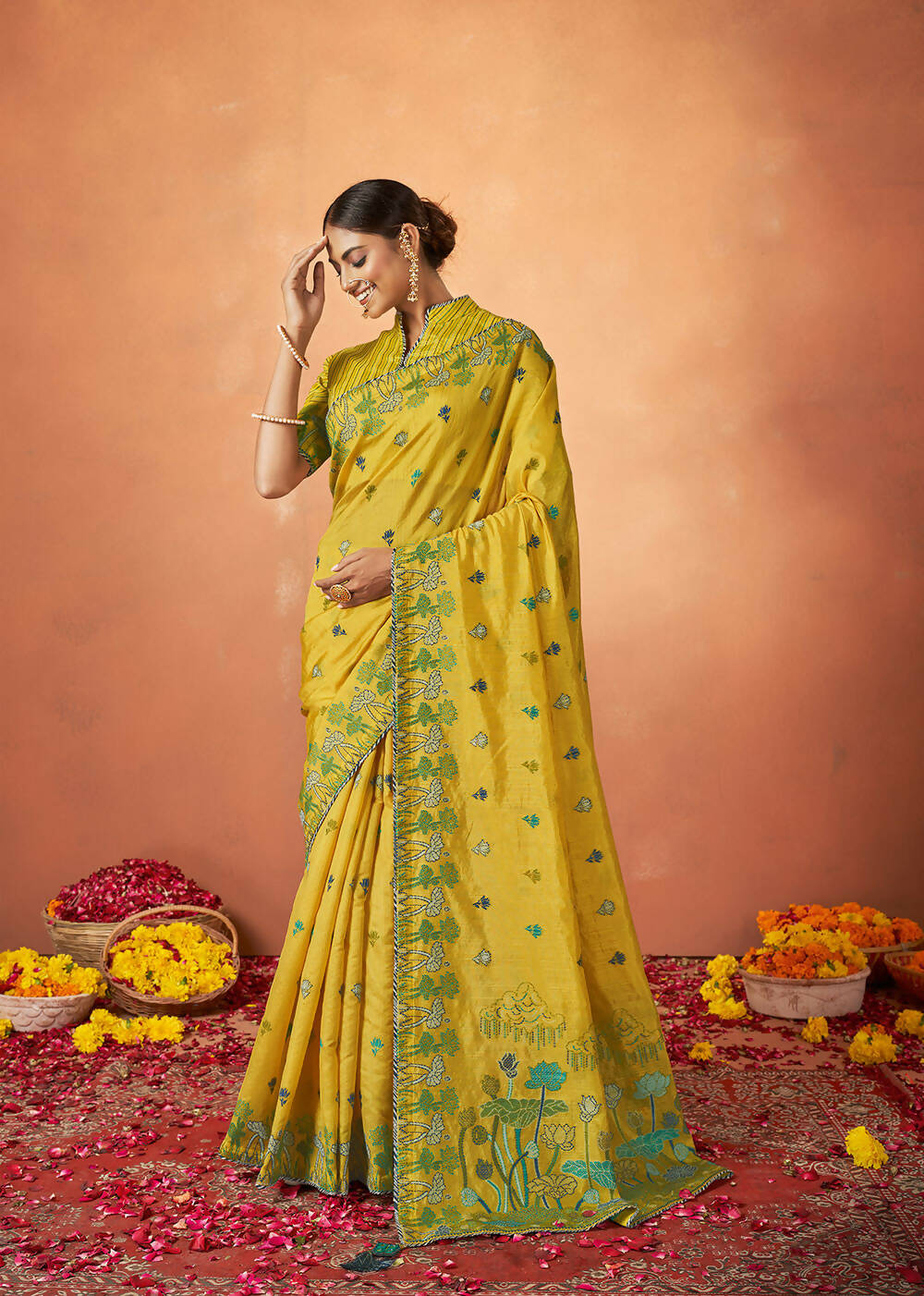 Yellow Tusser Silk Woven Design Saree With Unstitched Blouse Piece - Norita Royal Pradha | Grocsy