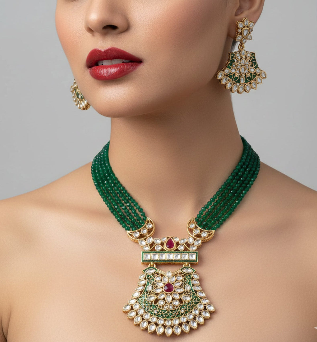 Jewel City Stunning Handcrafted Green Beaded Necklace And Earrings Set | Grocsy