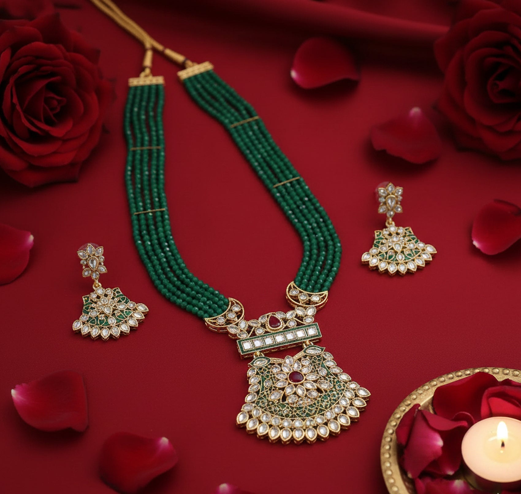 Jewel City Stunning Handcrafted Green Beaded Necklace And Earrings Set | Grocsy