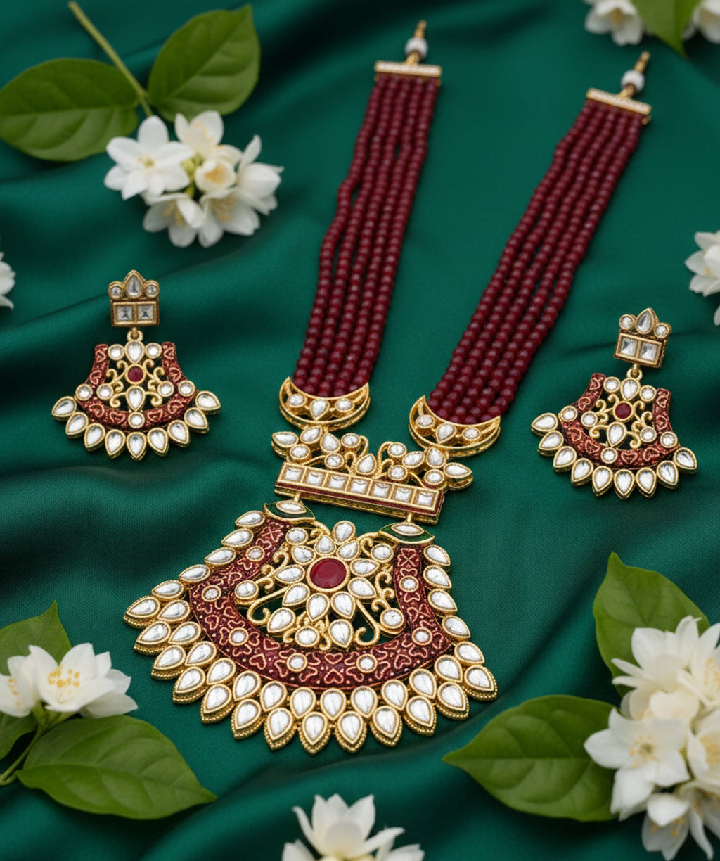 Jewel City Stunning Handcrafted Maroon Beaded Necklace And Earrings Set | Grocsy