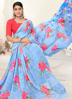 Sky Blue Georgette Floral Printed Saree With Unstitched Blouse Piece - Jyoti | Grocsy