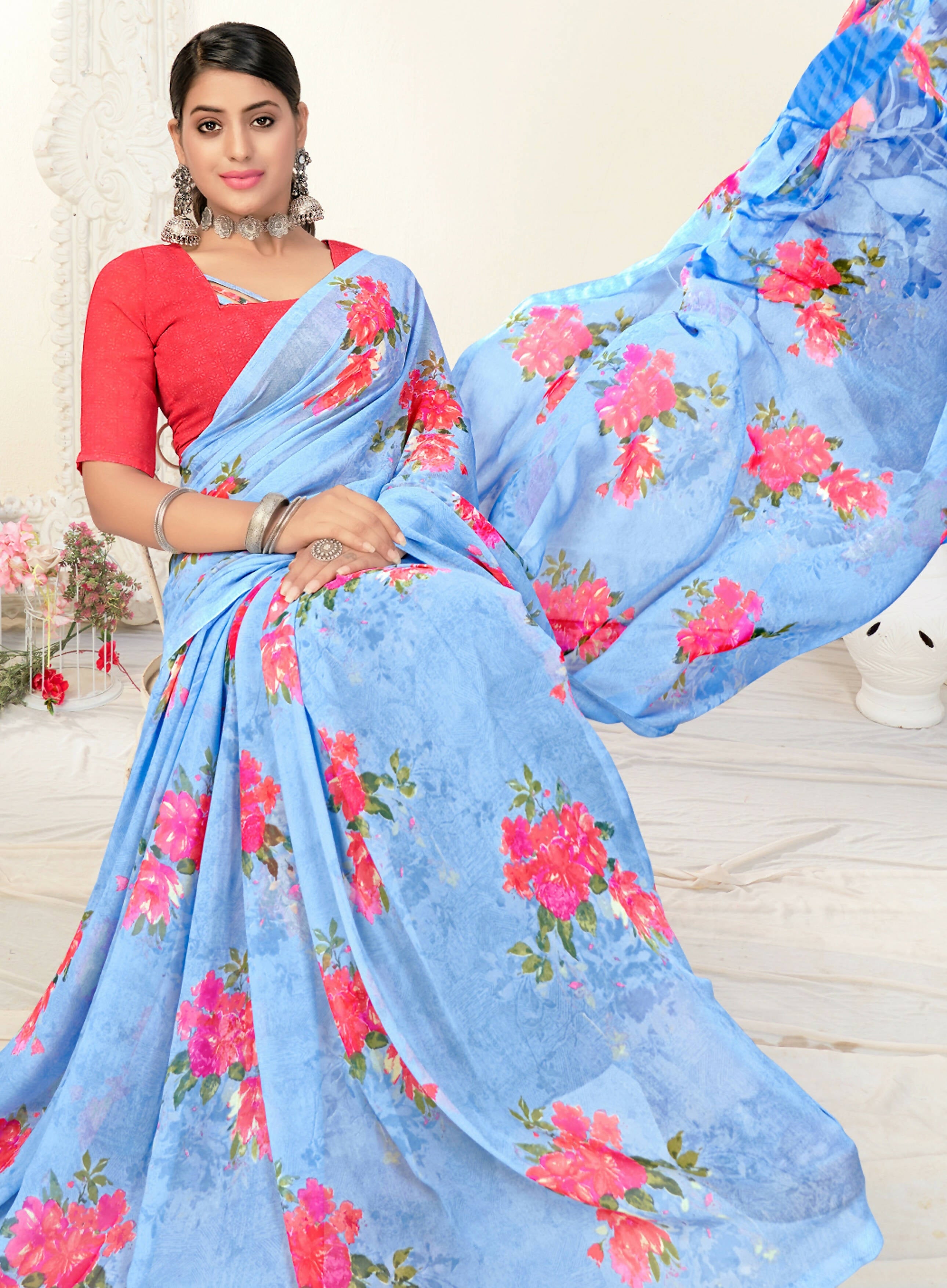 Sky Blue Georgette Floral Printed Saree With Unstitched Blouse Piece - Jyoti | Grocsy
