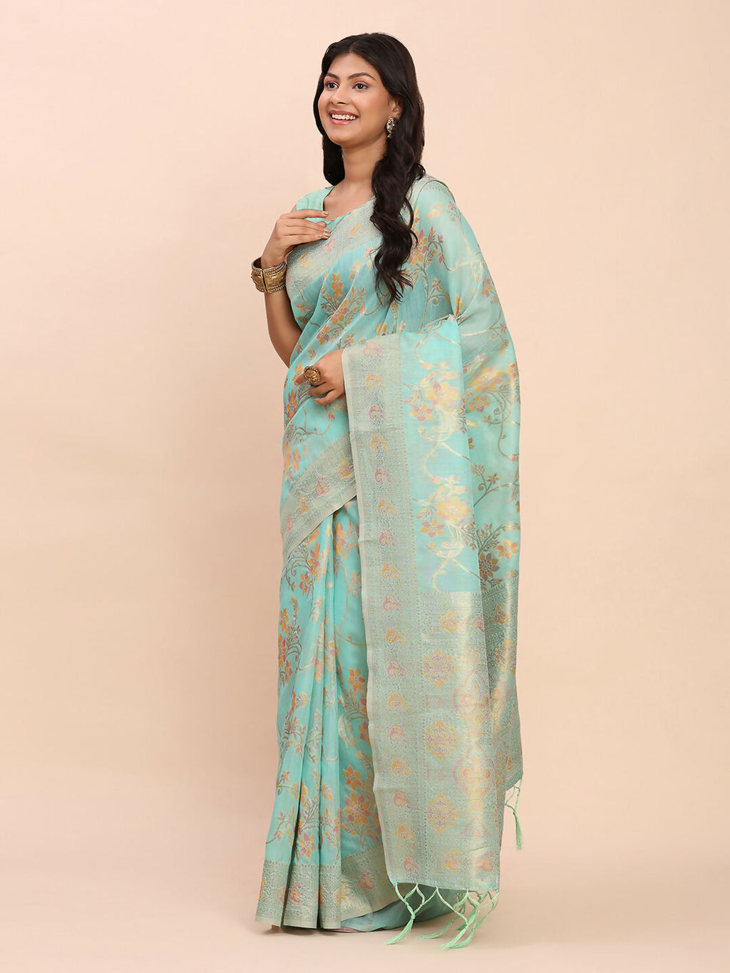 Shree Shyam Fashion Linen Cotton Sea Green Saree | Grocsy