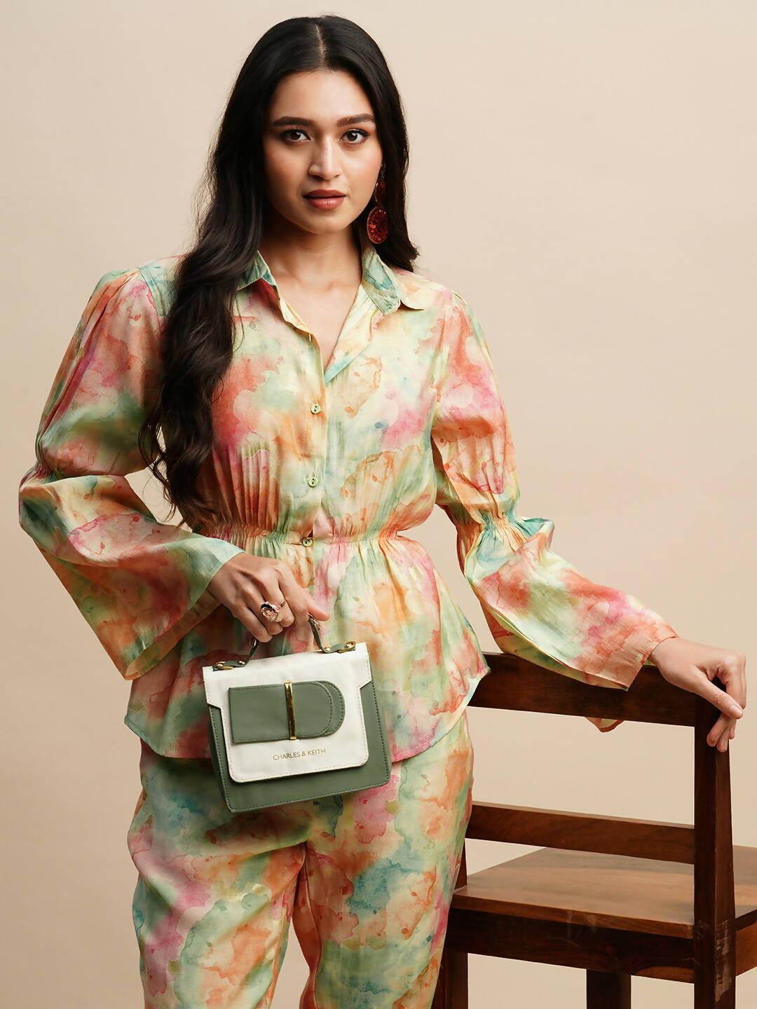 Light Green & Orange Poly Rayon Tie and dye Printed Top with Matching Trouser - Shivani | Grocsy