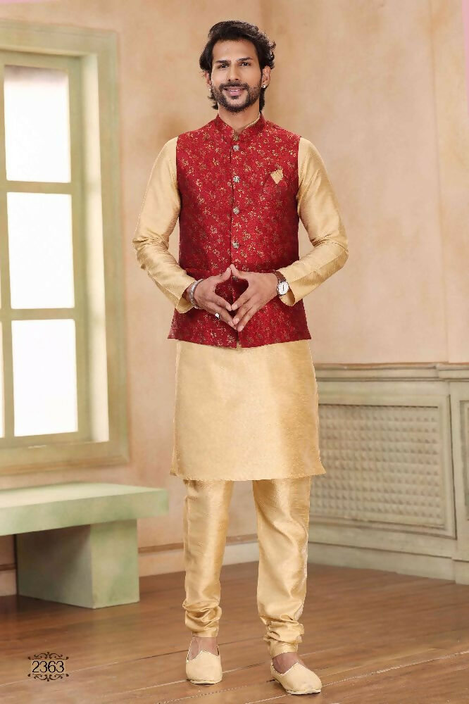 Raivat Ethnic Jacquard Banarasi Silk Woven Work 3 Pics Jacket Set In Maroon Colour | Grocsy