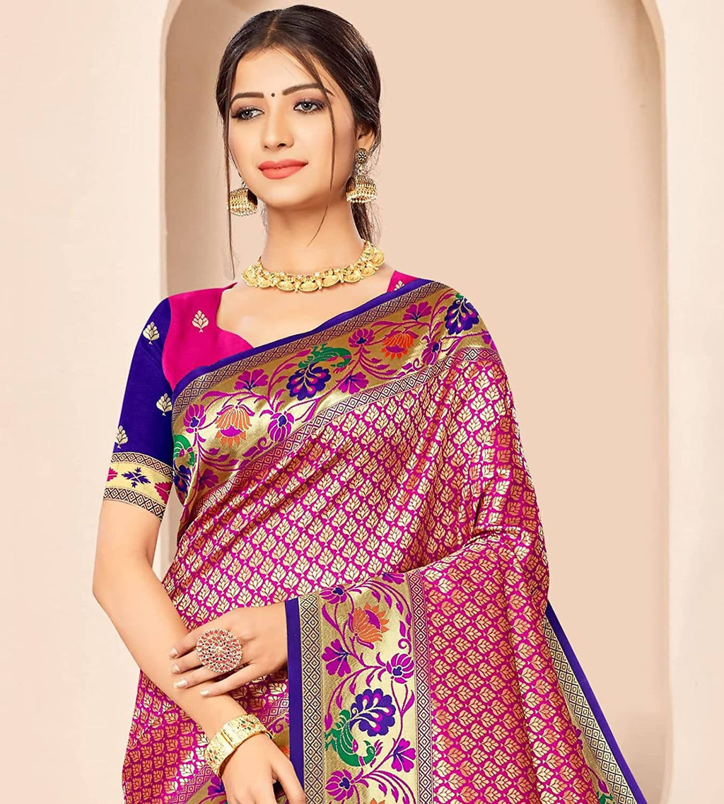 Jaanvi Fashion Women's Rani Blue Banarasi Paithani Silk With Zari Jacquard Work Saree With Blouse Piece | Grocsy