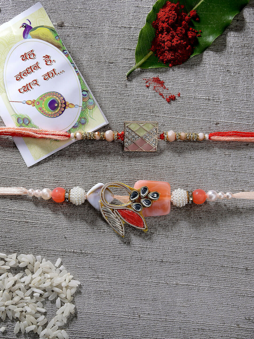NVR Men Set of 2 Multicolor Stone-Studded Rakhi With Roli Chawal | Grocsy