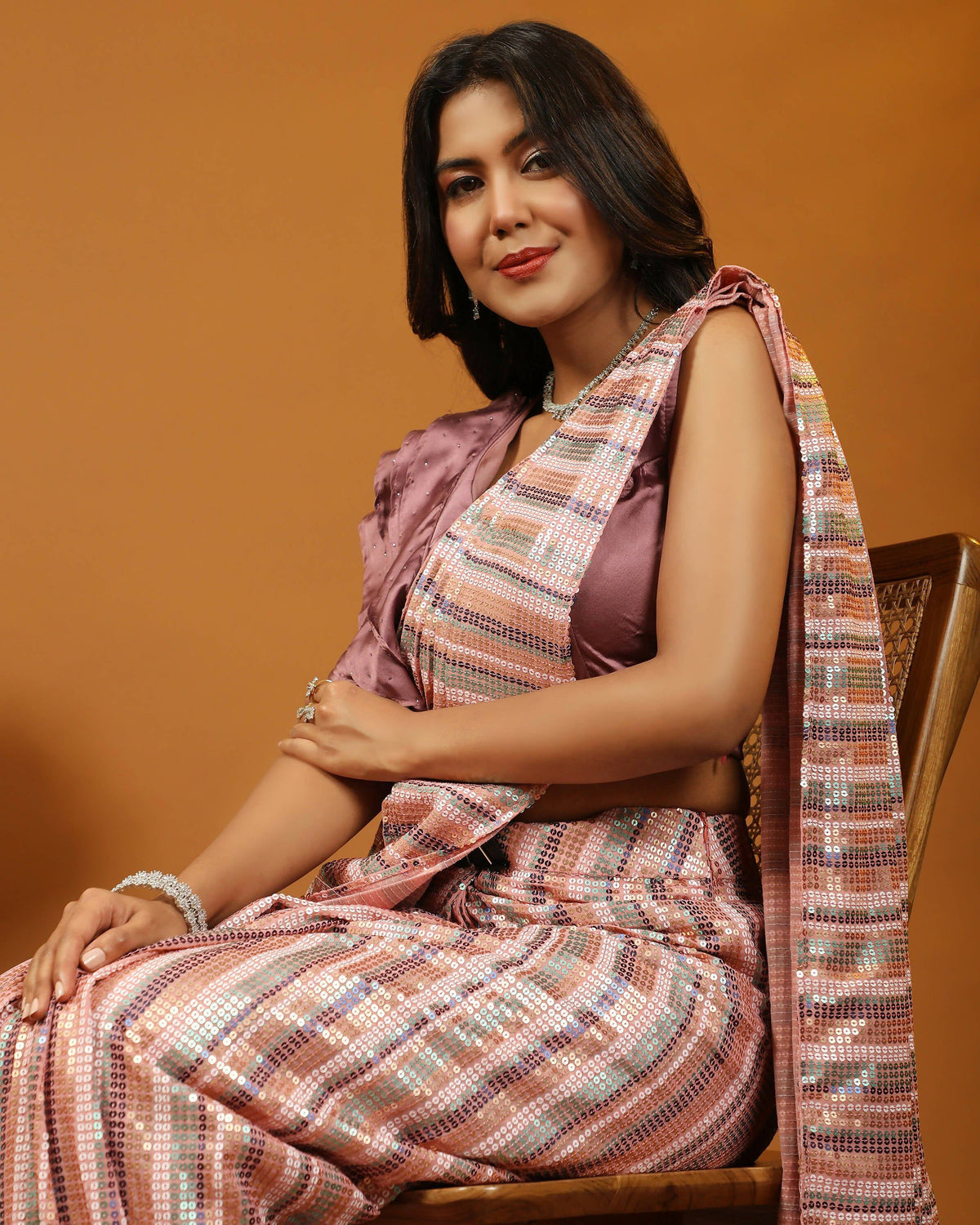 Pink Pure Georgette Sequence work Ready to wear Saree with stitched Blouse - Satiksha | Grocsy