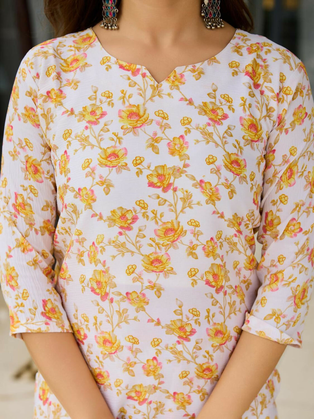 The52 Yellow Women's Beautiful Printed Silk Blend Fabric with Straight Kurta, Pant and Dupatta Set | Grocsy