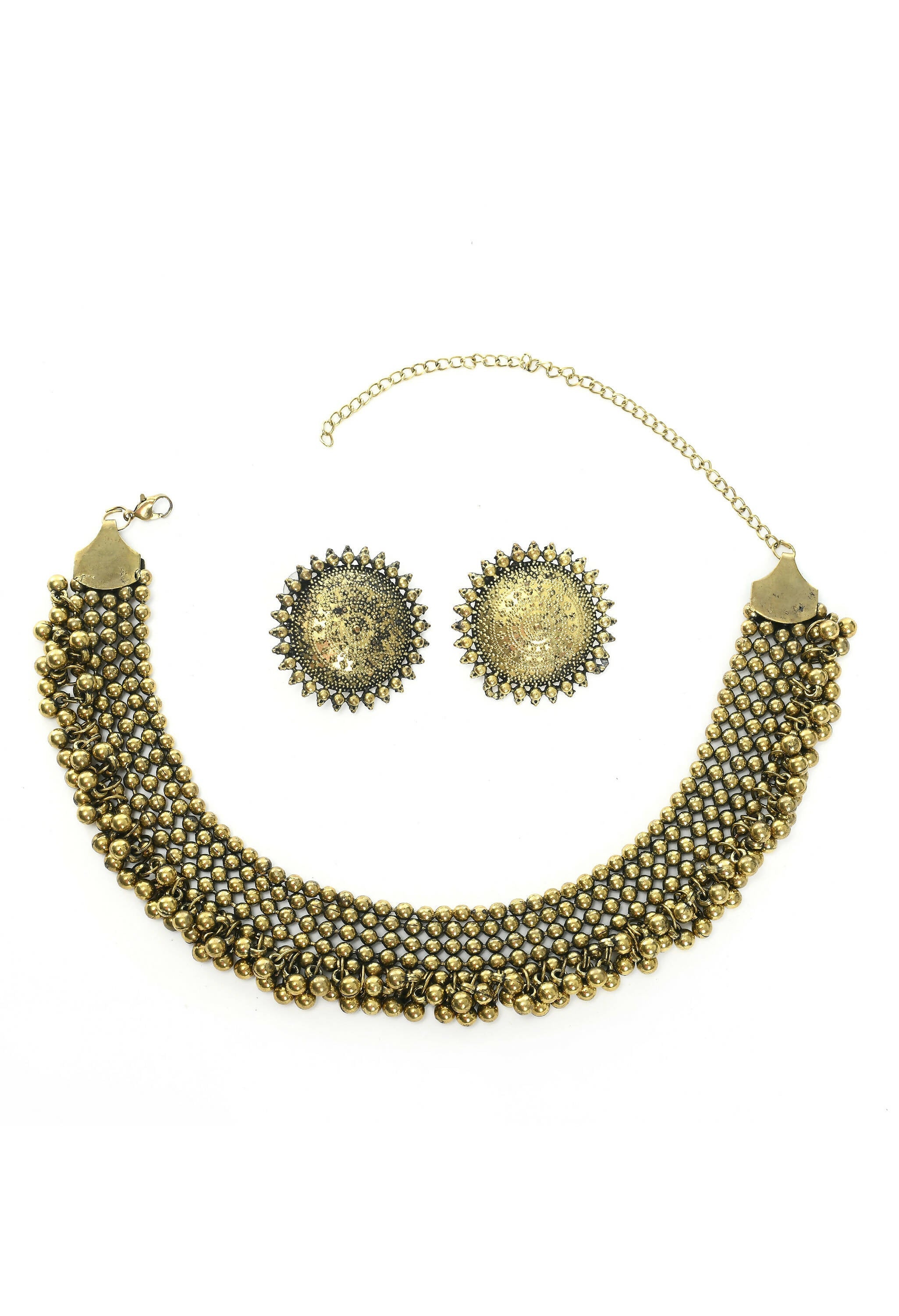 Mominos Fashion Johar Kamal Oxidised Gold-Polished Brass Finish Ghungroo Design Choker Set | Grocsy