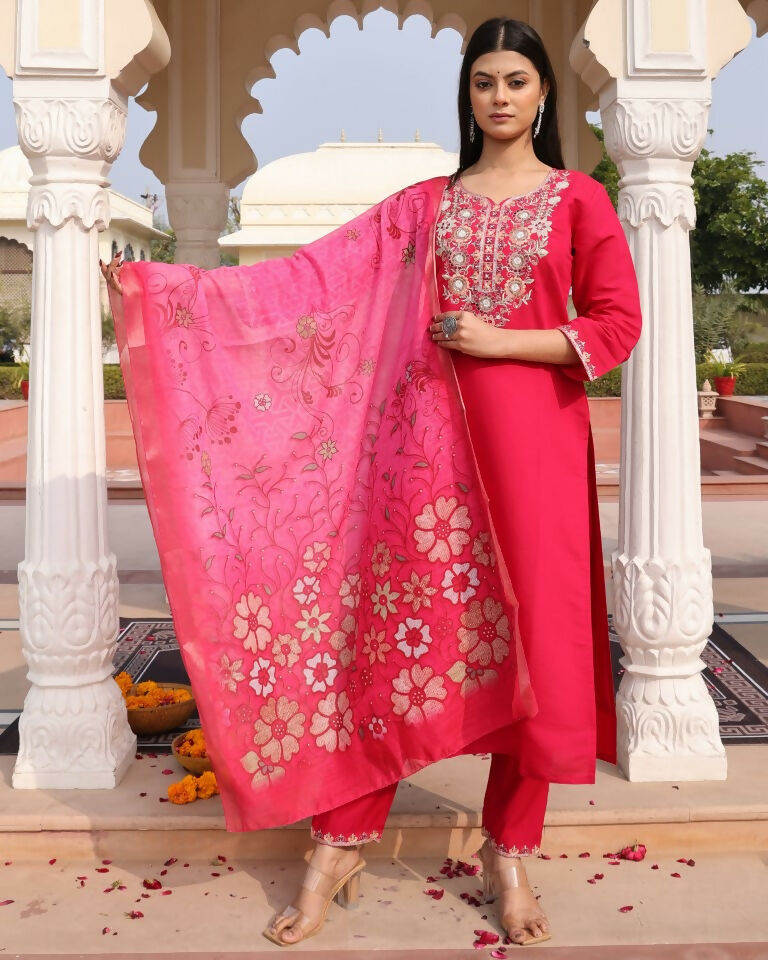 Jyoti Fashion Women's Pink Cotton Silk Hand Work with Floral Printed Kurta Set | Grocsy