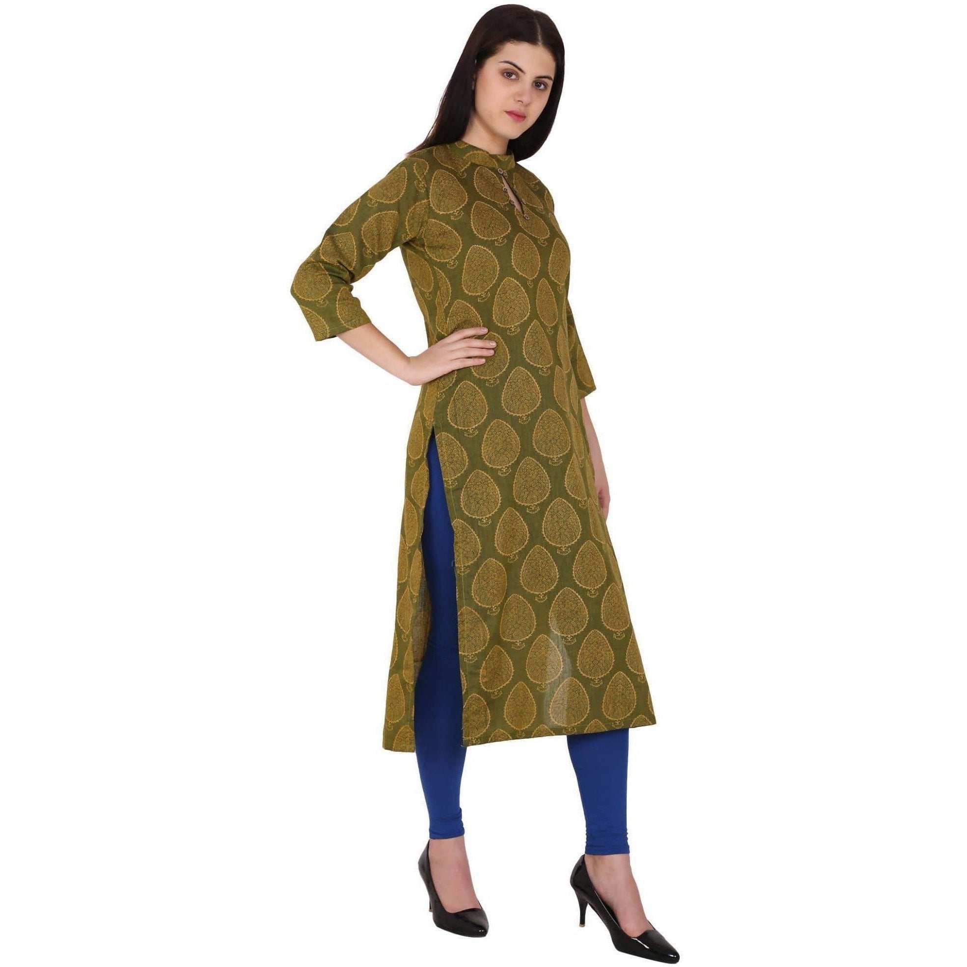 Kanoor Women's Dark Green Cotton Straight Kurti | Grocsy