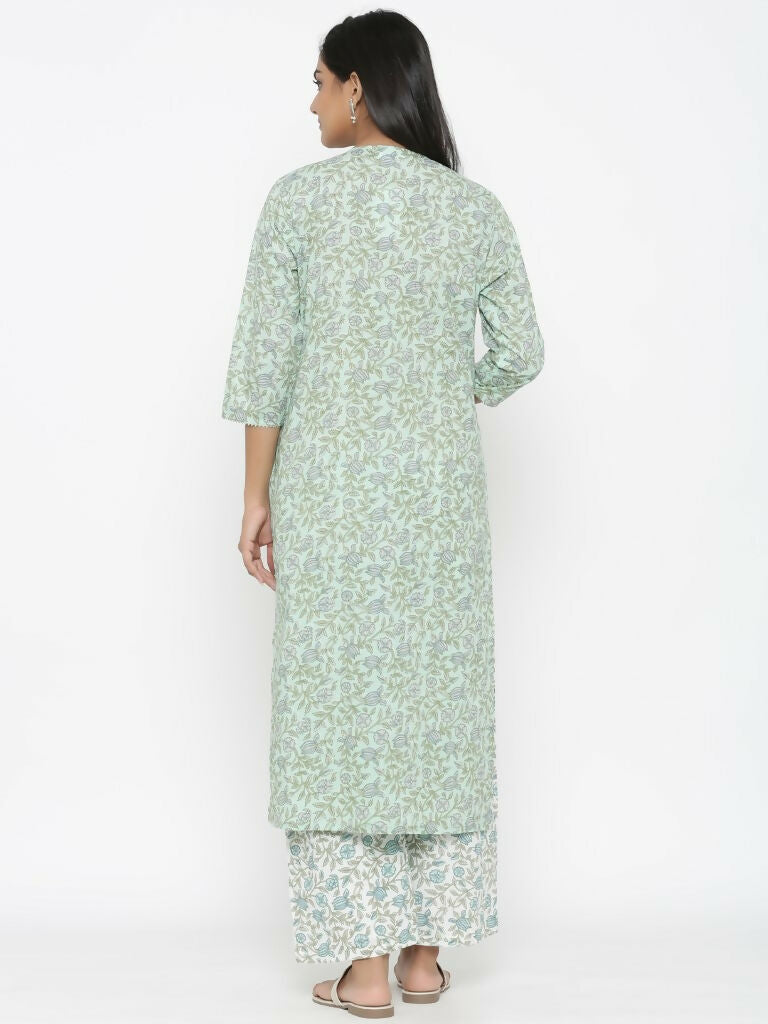 Miravan Women's Floral Jaipuri Cotton Kurta Palazzo With Tassel Set | Grocsy
