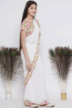 Little Bansi Floral Print Ready To Wear Saree And Floral Blouse - White | Grocsy