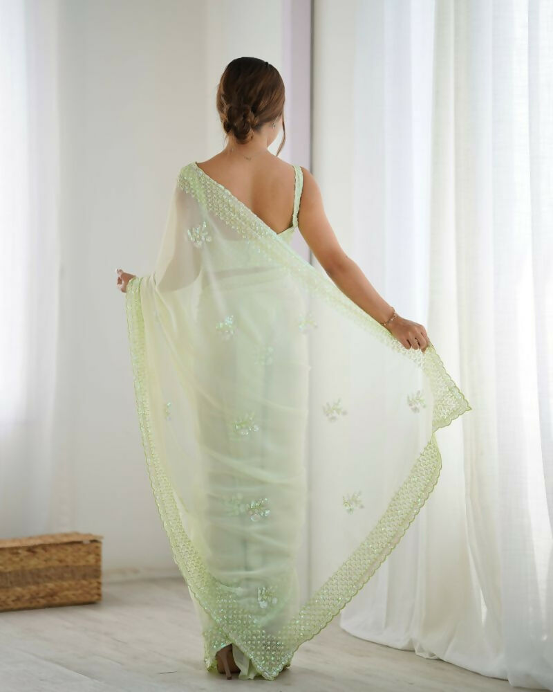Attractive Looking Georgette Thread, Sequance Embroidery Work Party Wear Saree - Pista | Grocsy