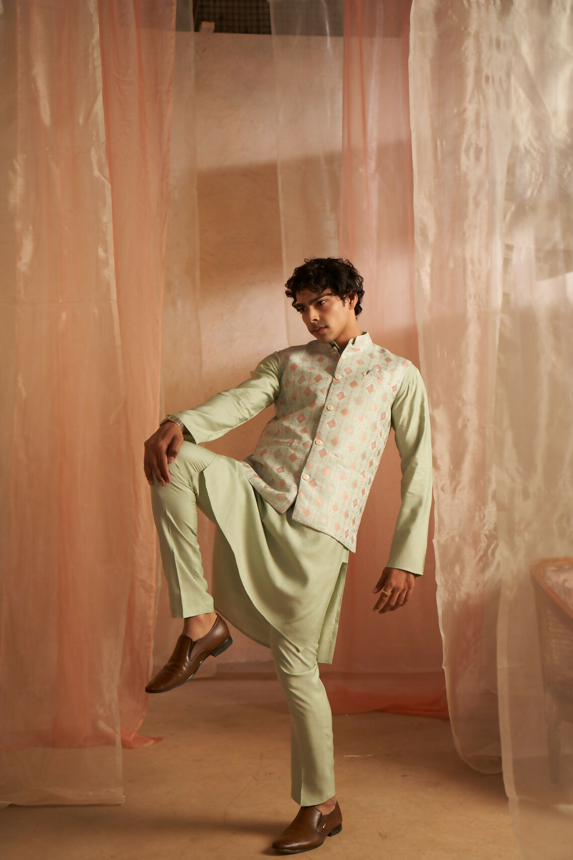 Pista Viscose Designer Printed Men's Kurta Set with Koti - Mahotsav | Grocsy