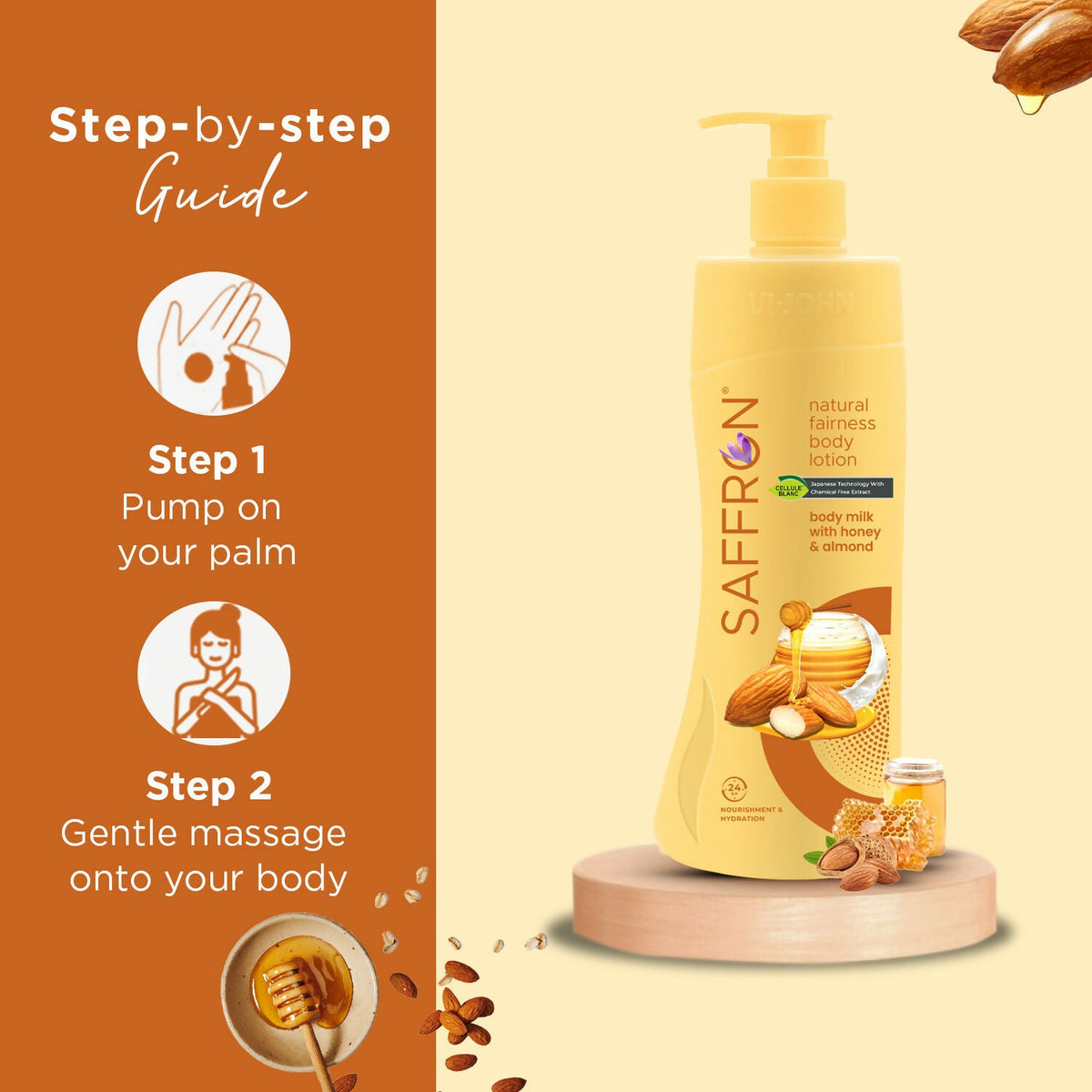 VI-JOHN Saffron Natural Fairness Body Lotion Body Milk with Honey & Almond Deep Nourishment & Radiant Glow For All Skin Types | Grocsy