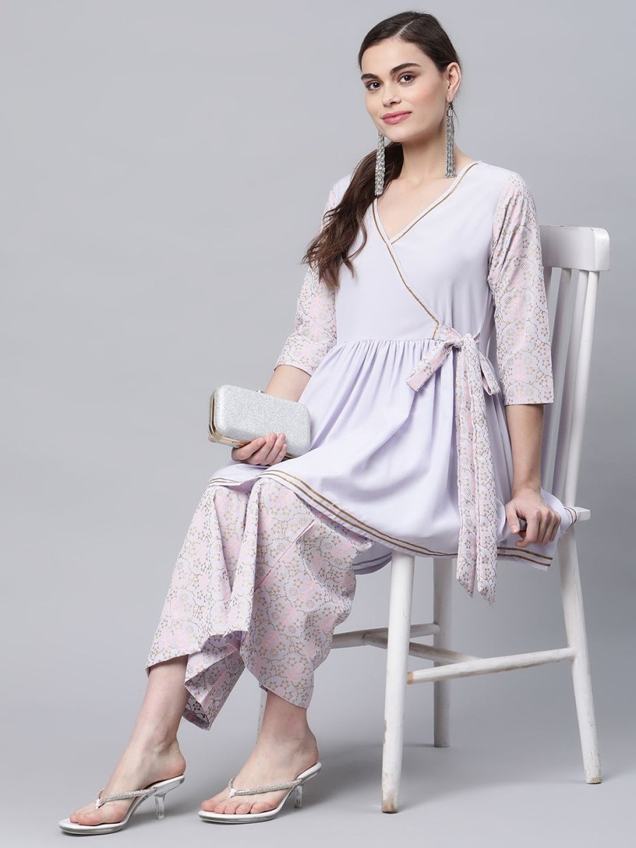 Ahalyaa Women Lavender Crepe Printed Kurta Palazzo Set | Grocsy
