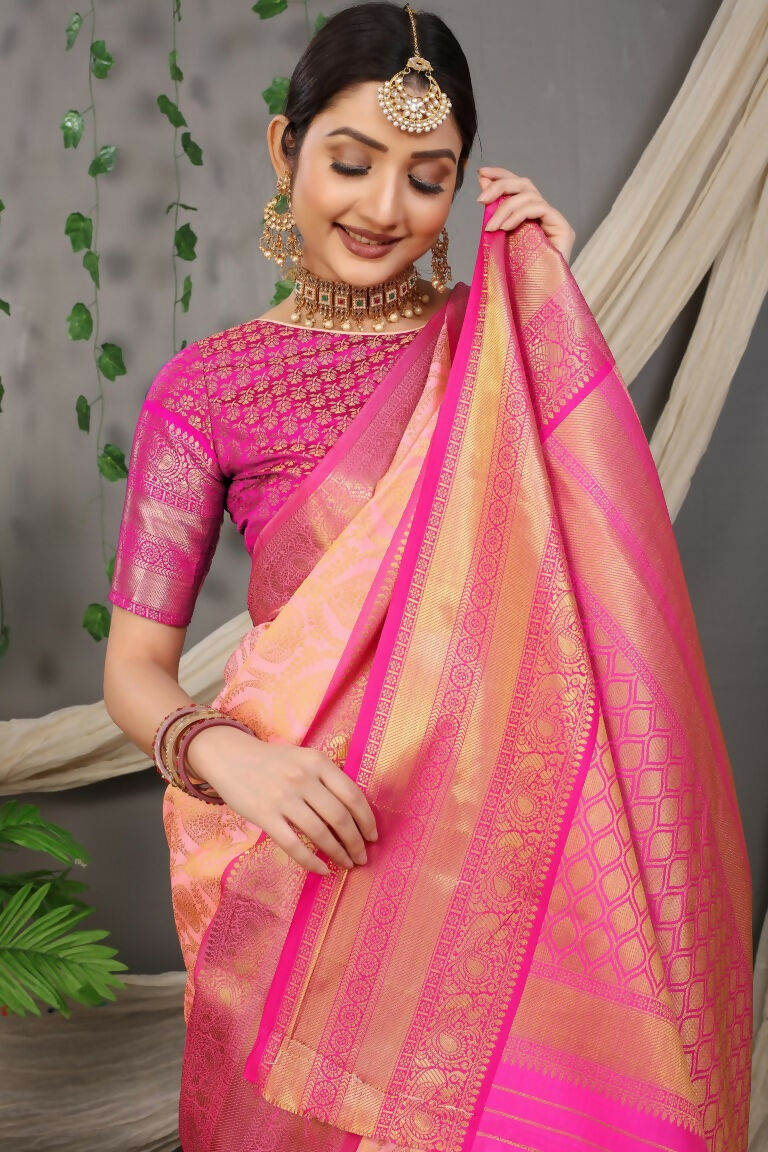 Jyoti Fashion Women's Peach Kanjivaram Silk Zari Woven Saree with Blouse | Grocsy