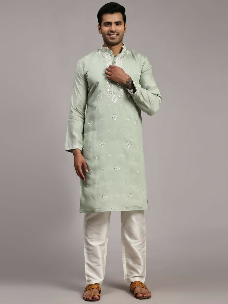 Light Green Silk Designer Embroidery Work Men's Rajwadi Kurta Set - Mahotsav | Grocsy