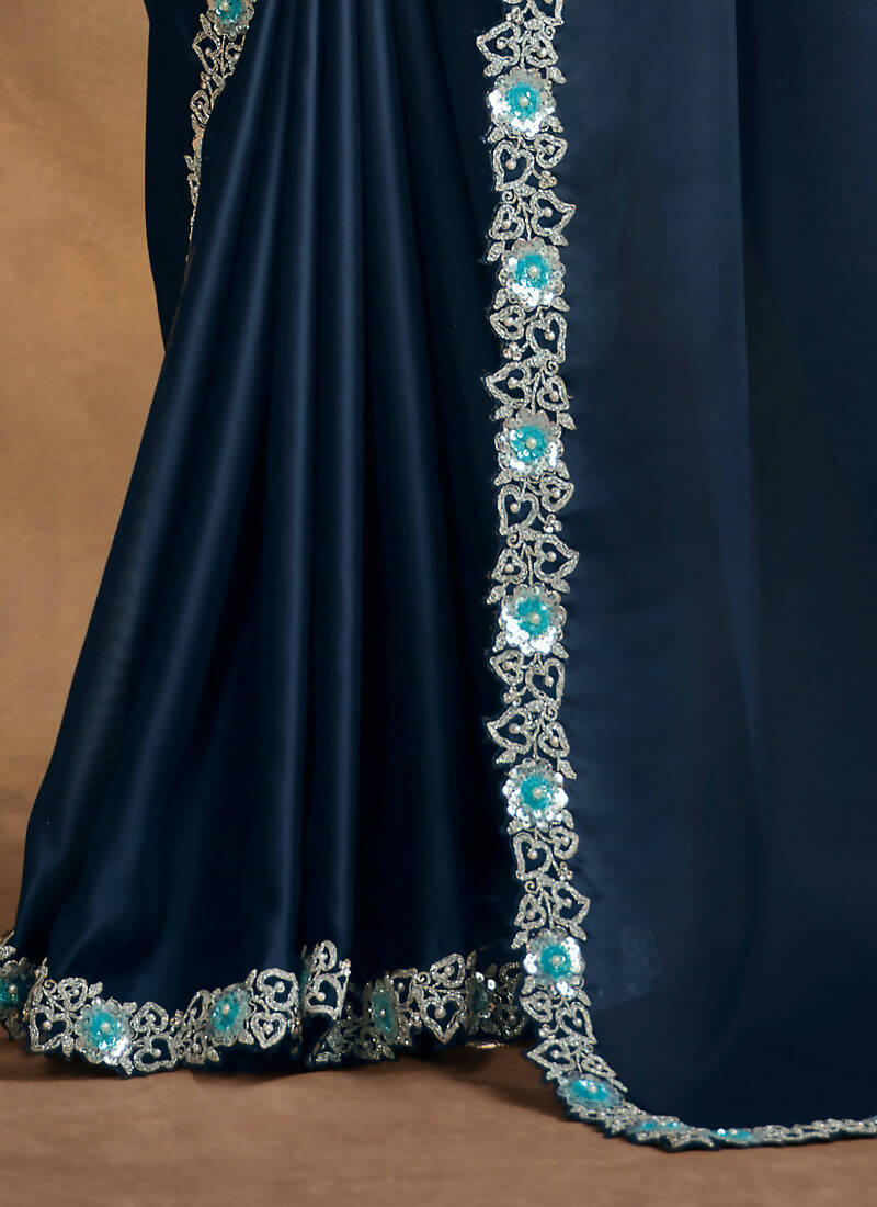 Navy Blue Satin Silk Georgette Designer Saree with Unstitched Blouse - Norita Mahitha | Grocsy