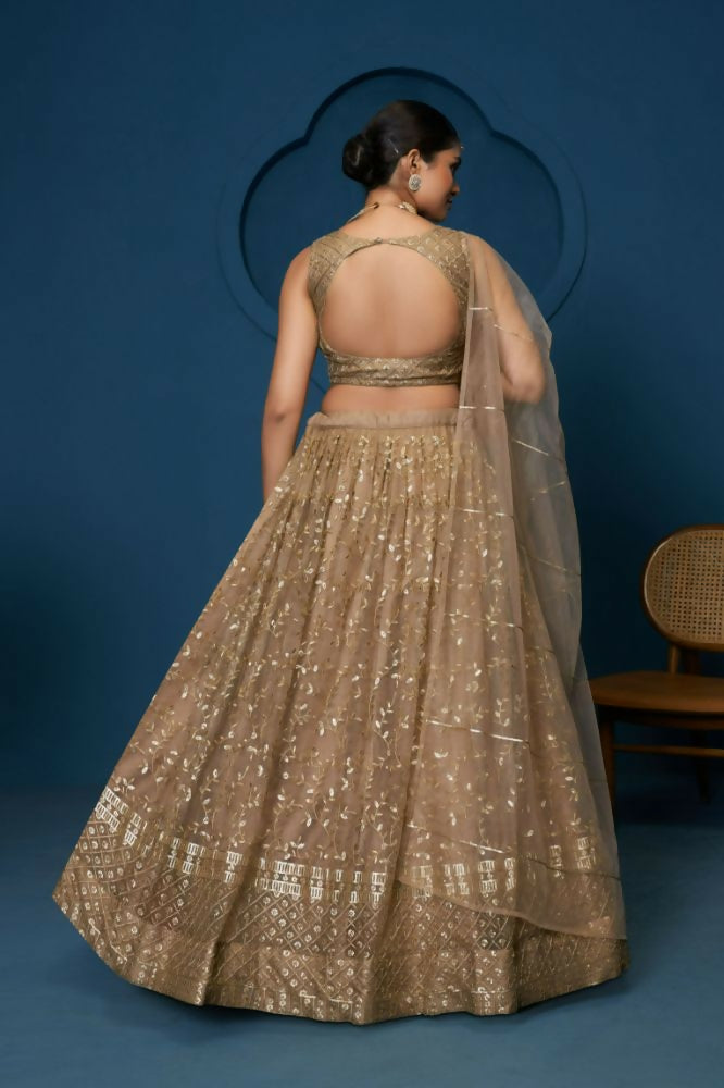 Brown Soft Netzari Embroidery Work Lehenga Choli - Jihu Culture | Grocsy