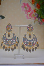 Gold-Polished Brass & Pearl Dangle Women Grey Hand Painted Meenakari Chandbali Earrings By House of Ree - House of Ree