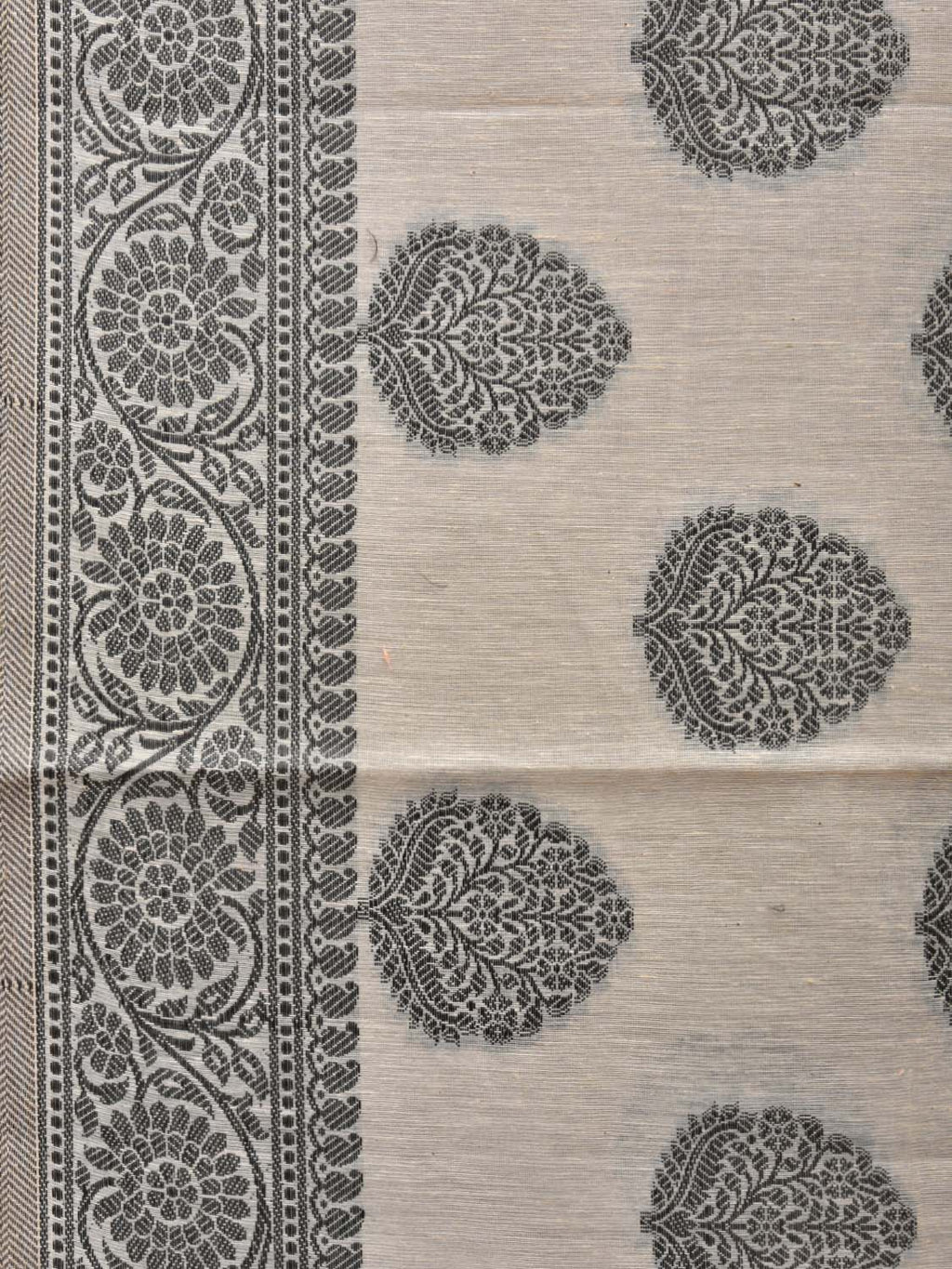 Cream and Black Cut Work Sico Cotton Saree with Body Buta and Border Design - Global Threads | Grocsy