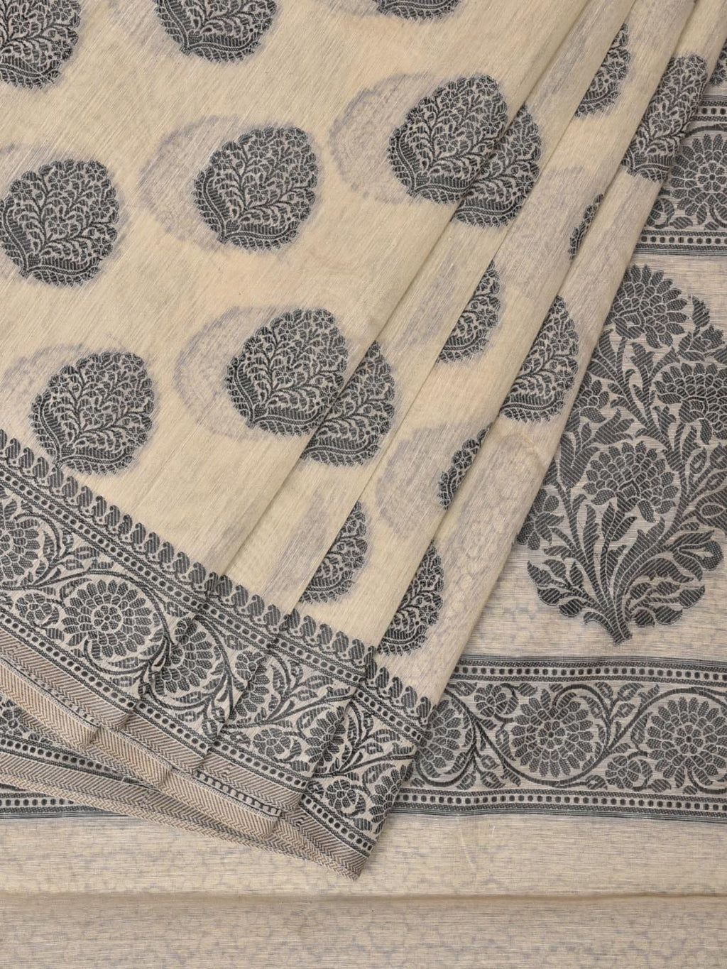 Cream and Black Cut Work Sico Cotton Saree with Body Buta and Border Design - Global Threads | Grocsy
