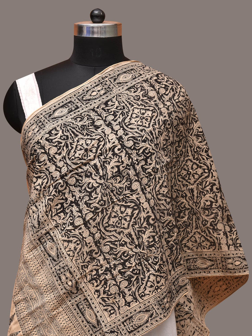 Cream and Black Kalamkari Block Print Cotton Silk Stole with Geometric Design - Global Threads | Grocsy